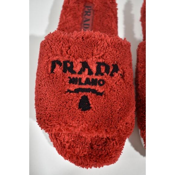 Prada Terry Cloth Roso Red Black Logo Slide Sandal Rubber Sole Flip Flop Flat 40 - Picture 6 of 10